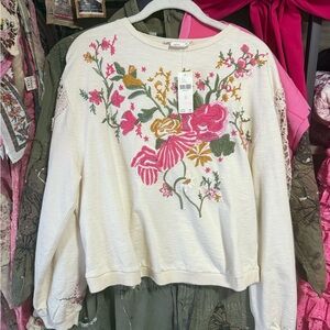 Anthropologie Cream Embroidered Floral Top with Pink and Green Accents